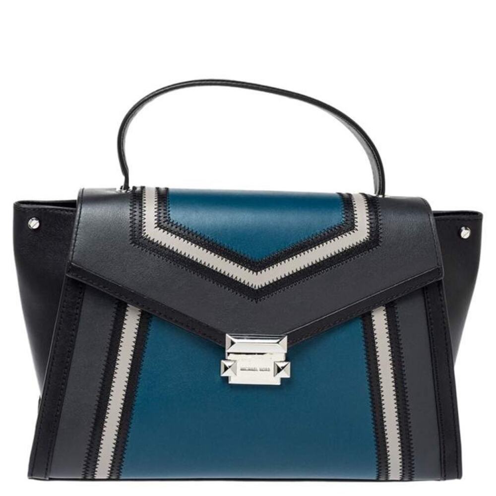 Michael Kors Whitney Large Tri-Color Leather Satchel – Black/Teal/White